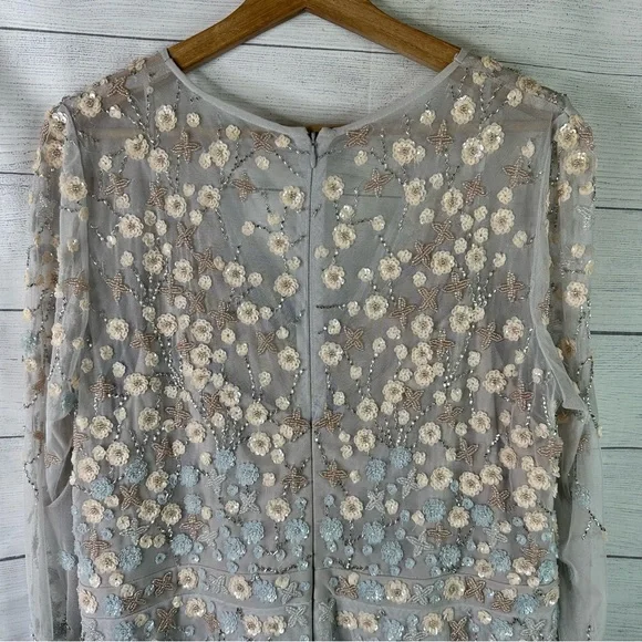 Mac Duggal size 16 Embellished Wrap Over Illusion Long Sleeve A Line Gown Gray - Picture 9 of 16